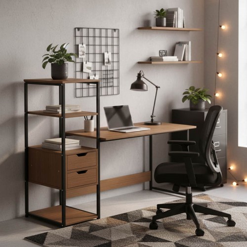 Γραφείο Mood pakoworld με ραφιέρα-MDF καρυδί-μαύρο 107x40x110εκ Έπιπλα Γραφείου