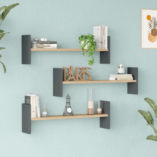 Ραφιέρα τοίχου Mento pakoworld oak με ανθρακί 75,6x14,5x23,6εκ Σαλόνι