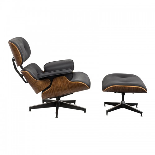 Πολυθρόνα-υποπόδιο relax Jenna pakoworld μαύρο pu- plywood καρυδί-βάση χρωμίου 82x92x82εκ Σαλόνι