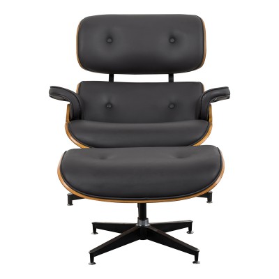 Πολυθρόνα-υποπόδιο relax Jenna pakoworld μαύρο pu- plywood καρυδί-βάση χρωμίου 82x92x82εκ Σαλόνι