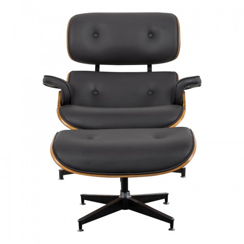 Πολυθρόνα-υποπόδιο relax Jenna pakoworld μαύρο pu- plywood καρυδί-βάση χρωμίου 82x92x82εκ Σαλόνι