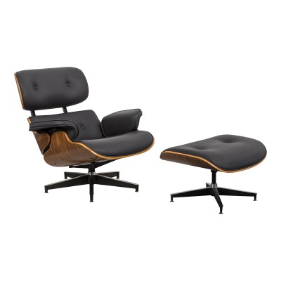 Πολυθρόνα-υποπόδιο relax Jenna pakoworld μαύρο pu- plywood καρυδί 82x92x82εκ
