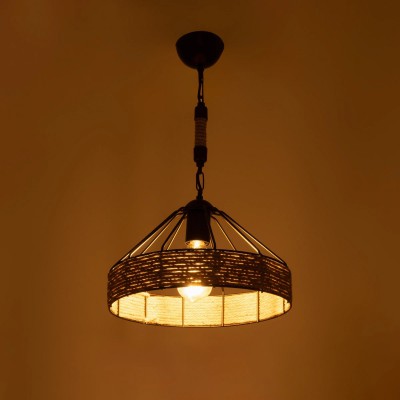 GloboStar® ZION 203-0003 Vintage Κρεμαστό Φωτιστικό Σχοινί Μονόφωτο 1 x E27 IP20 Μαύρο Μέταλλο με Μπεζ Σχοινί - Μ33 x Π33 x Υ90cm Διακόσμηση - Φως - Χαλιά