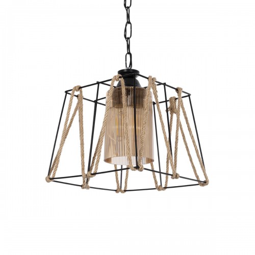 GloboStar® GATSBY 203-0007 Vintage Κρεμαστό Φωτιστικό Σχοινί Μονόφωτο 1 x E27 IP20 Μαύρο Μέταλλο με Μπεζ Σχοινί - Μ25 x Π25 x Υ55cm Διακόσμηση - Φως - Χαλιά
