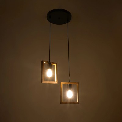 GloboStar® EDISON 203-0021 Vintage Κρεμαστό Φωτιστικό Ανάρτηση Δίφωτο 2 x E27 IP20 Μπεζ Ξύλο - Μ43 x Π43x Υ83cm Διακόσμηση - Φως - Χαλιά