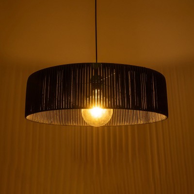 GloboStar® KYCLOS 203-0046 Boho Κρεμαστό Φωτιστικό Καπέλο Μονόφωτο 1 x E27 IP20 Μαύρο Rattan - M55 x Π55 x Υ90cm Διακόσμηση - Φως - Χαλιά