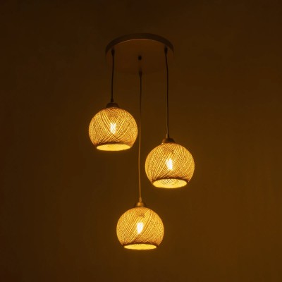 GloboStar® YASAM 203-0024 Vintage Κρεμαστό Φωτιστικό Σχοινί Τρίφωτο 3 x E27 IP20 Μπεζ Σχοινί - Μ35 x Π35 x Υ80cm Διακόσμηση - Φως - Χαλιά