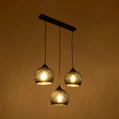 GloboStar® YASAM 203-0026 Vintage Κρεμαστό Φωτιστικό Σχοινί Τρίφωτο 3 x E27 IP20 Μαύρο Σχοινί - Μ55 x Π25 x Υ90cm Διακόσμηση - Φως - Χαλιά
