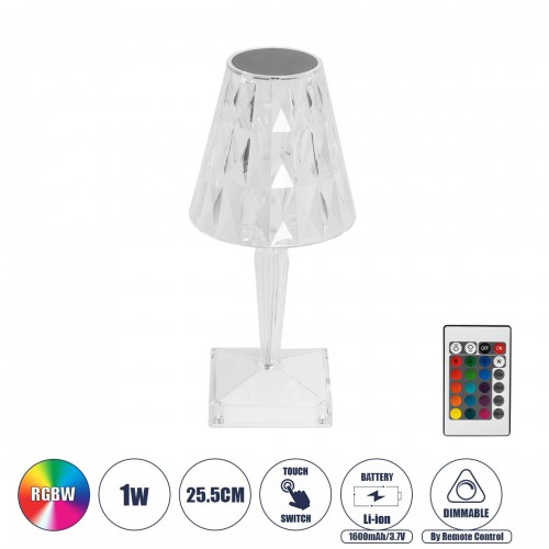 GloboStar® CRYSTAL 62042 Επαναφορτιζόμενο Επιτραπέζιο Φωτιστικό Πορτατίφ LED 1W 100lm 360° DC 5V IP44 RGBW Dimmable με Φορτιστή και Ασύρματο Χειριστήριο IR Διάφανο Πλαστικό - Μ11.5 x Π11.5 x Υ25.5cm - 3 Χρόνια Εγγύηση Διακόσμηση - Φως - Χαλιά GloboStar® CRYSTAL 62042 Επαναφορτιζόμενο Επιτραπέζιο Φωτιστικό Πορτατίφ LED 1W 100lm 360° DC 5V IP44 RGBW Dimmable με Φορτιστή και Ασύρματο Χειριστήριο IR Διάφανο Πλαστικό - Μ11.5 x Π11.5 x Υ25.5cm - 3 Χρόνια Εγγύηση Διακόσμηση - Φως - Χαλιά