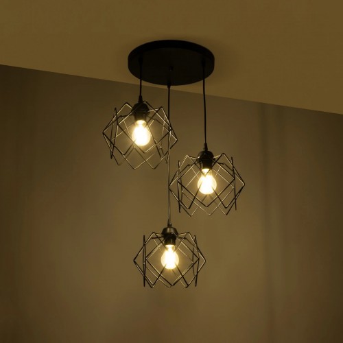 GloboStar® DAZLA 201-0024 Vintage Κρεμαστό Φωτιστικό Πλέγμα Τρίφωτο 3 x E27 IP20 Μαύρο Μέταλλο - Μ32 x Π32 x Υ70cm Διακόσμηση - Φως - Χαλιά