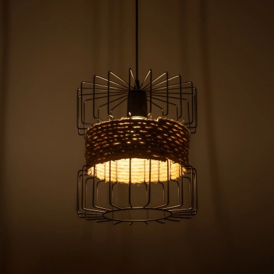 GloboStar® ORB 201-0096 Vintage Κρεμαστό Φωτιστικό Πλέγμα Μονόφωτο 1 x E27 IP20 Μαύρο Μέταλλο με Μπεζ Σχοινί - Μ28 x Π28 x Υ80cm Διακόσμηση - Φως - Χαλιά