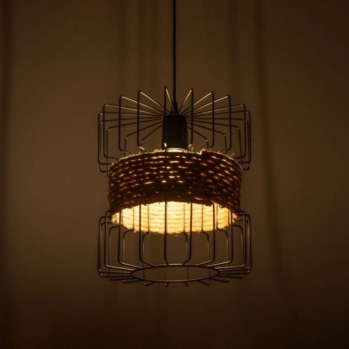 GloboStar® ORB 201-0096 Vintage Κρεμαστό Φωτιστικό Πλέγμα Μονόφωτο 1 x E27 IP20 Μαύρο Μέταλλο με Μπεζ Σχοινί - Μ28 x Π28 x Υ80cm Διακόσμηση - Φως - Χαλιά