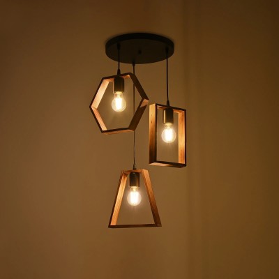 GloboStar® EMBER 201-0102 Vintage Κρεμαστό Φωτιστικό Φιγούρα Τρίφωτο 3 x E27 IP20 Μαύρο Μέταλλο με Καρυδί Ξύλο - Μ35 x Π40 x Υ70cm Διακόσμηση - Φως - Χαλιά