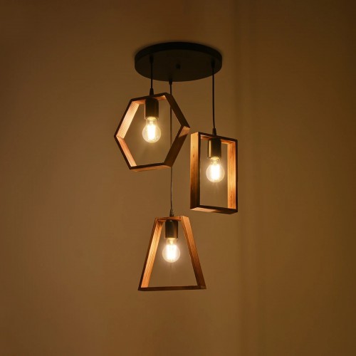 GloboStar® EMBER 201-0102 Vintage Κρεμαστό Φωτιστικό Φιγούρα Τρίφωτο 3 x E27 IP20 Μαύρο Μέταλλο με Καρυδί Ξύλο - Μ35 x Π40 x Υ70cm Διακόσμηση - Φως - Χαλιά