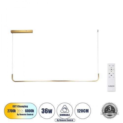 GLOBOSTAR® LINARIA 60923 Μοντέρνο Κρεμαστό Φωτιστικό Οροφής LED 36W 4150lm 180° AC 220-240V IP20 Ρυθμιζόμενο Λευκό CCT με Χειριστήριο από 2700K έως 6000K Dimmable - Lumileds SMD Chip - Χρυσό Βούρτσας - Μ120 x Π2 x Υ10cm - 3 Χρόνια Εγγύηση Διακόσμηση - Φως