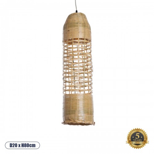 GloboStar® WAIKIKI 02350 Boho Κρεμαστό Φωτιστικό Οροφής Μονόφωτο 1 x E27 AC220-240V IP20 - Φ20 x Υ80cm - Μπεζ Ξύλινο Μπαμπού Πλέγμα Καμπάνα - 5 Χρόνια Εγγύηση Διακόσμηση - Φως - Χαλιά