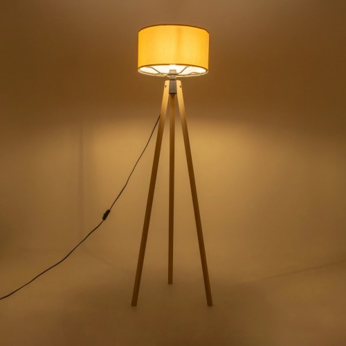 GloboStar® SAGA 204-0045 Μοντέρνο Eπιδαπέδιο Φωτιστικό Μονόφωτο 1 x E27 IP20 Μπεζ Ξύλο με Κίτρινο Ύφασμα - Μ38 x Π38 x Υ140cm Διακόσμηση - Φως - Χαλιά
