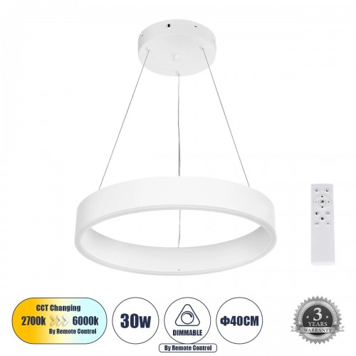 GLOBOSTAR® VENOM 61174 Μοντέρνο Κρεμαστό Φωτιστικό Οροφής LED 30W 3513lm 120° AC 220-240V IP20 Ρυθμιζόμενο Λευκό CCT με Χειριστήριο από 2700K έως 6000K Dimmable - Lumileds SMD Chip - Λευκό Ματ - Μ40 x Π40 x Υ6.5cm - 3 Χρόνια Εγγύηση Διακόσμηση - Φως - Χαλ