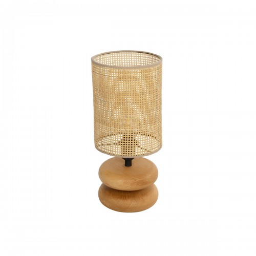GloboStar® KLOO 204-0143 Boho Eπιτραπέζιο Φωτιστικό Μονόφωτο 1 x E27 IP20 Καφέ Ξύλο με Μπεζ Διάτρτητο Ύφασμα - Μ15 x Π15 x Υ35cm Διακόσμηση - Φως - Χαλιά