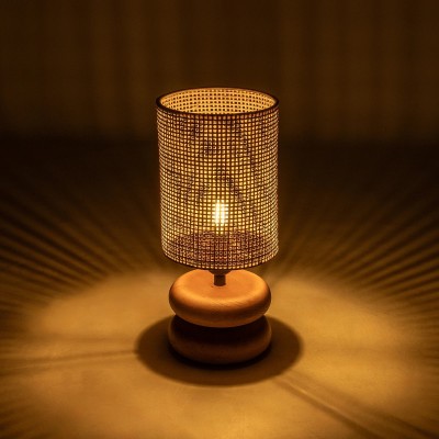 GloboStar® KLOO 204-0143 Boho Eπιτραπέζιο Φωτιστικό Μονόφωτο 1 x E27 IP20 Καφέ Ξύλο με Μπεζ Διάτρτητο Ύφασμα - Μ15 x Π15 x Υ35cm Διακόσμηση - Φως - Χαλιά