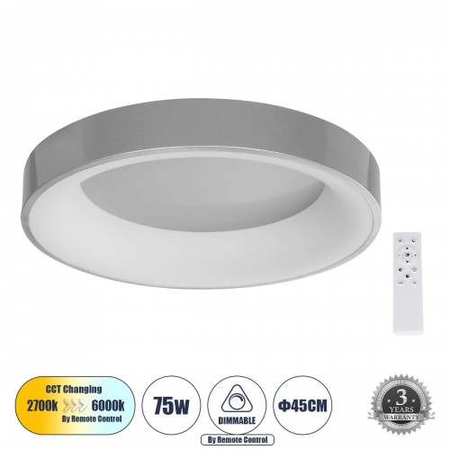 GloboStar® SALEM 61234 Πλαφονιέρα Οροφής Δαχτυλίδι-Κύκλος LED CCT 75W 8625lm 120° AC 220-240V - Εναλλαγή Φωτισμού μέσω Τηλεχειριστηρίου All In One Ψυχρό 6000k+Φυσικό 4500k+Θερμό 2700k Dimmable Φ45cm - Ασημί - 3 Years Warranty Διακόσμηση - Φως - Χαλιά
