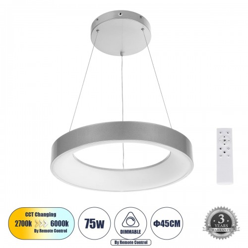 GloboStar® SALEM 61242 Κρεμαστή Πλαφονιέρα Οροφής Δαχτυλίδι-Κύκλος LED CCT 75W 8625lm 120° AC 220-240V - Εναλλαγή Φωτισμού μέσω Τηλεχειριστηρίου All In One Ψυχρό 6000k+Φυσικό 4500k+Θερμό 2700k Dimmable Φ45cm - Ασημί - 3 Years Warranty Διακόσμηση - Φως - Χ GloboStar® SALEM 61242 Κρεμαστή Πλαφονιέρα Οροφής Δαχτυλίδι-Κύκλος LED CCT 75W 8625lm 120° AC 220-240V - Εναλλαγή Φωτισμού μέσω Τηλεχειριστηρίου All In One Ψυχρό 6000k+Φυσικό 4500k+Θερμό 2700k Dimmable Φ45cm - Ασημί - 3 Years Warranty Διακόσμηση - Φως - Χ