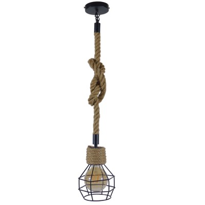 GloboStar® HELLET 01182 Vintage Industrial Κρεμαστό Φωτιστικό Οροφής Μονόφωτο 1 x E27 Μαύρο Μεταλλικό Πλέγμα με Μπεζ Σχοινί Φ16 x Y25cm Διακόσμηση - Φωτισμός - Χαλιά