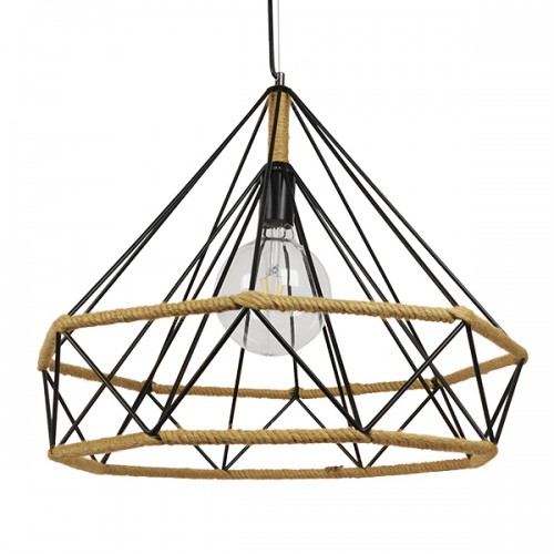GloboStar® CONCRETE 01422 Vintage Κρεμαστό Φωτιστικό Οροφής Μονόφωτο 1 x E27 Μαύρο Μεταλλικό με Μπεζ Σχοινί Φ50 x Υ44cm Διακόσμηση - Φωτισμός - Χαλιά