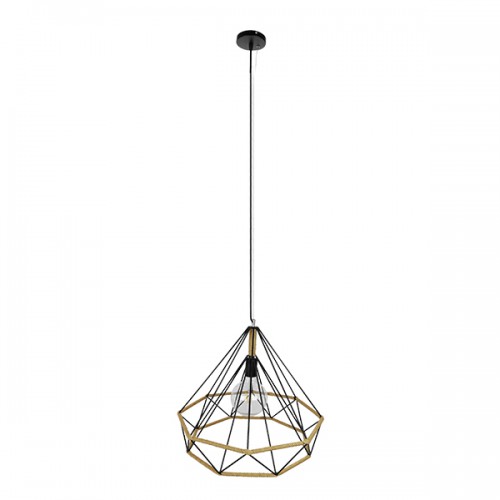 GloboStar® CONCRETE 01422 Vintage Κρεμαστό Φωτιστικό Οροφής Μονόφωτο 1 x E27 Μαύρο Μεταλλικό με Μπεζ Σχοινί Φ50 x Υ44cm Διακόσμηση - Φωτισμός - Χαλιά