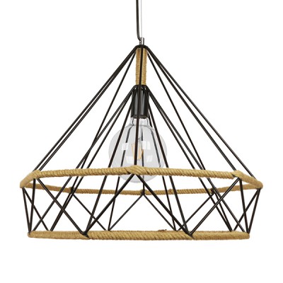 GloboStar® CONCRETE 01422 Vintage Κρεμαστό Φωτιστικό Οροφής Μονόφωτο 1 x E27 Μαύρο Μεταλλικό με Μπεζ Σχοινί Φ50 x Υ44cm Διακόσμηση - Φωτισμός - Χαλιά