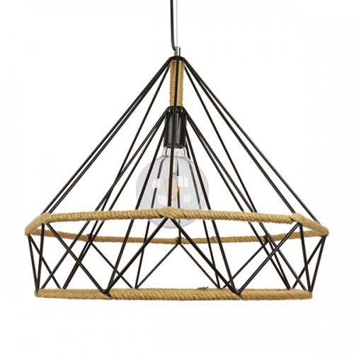 GloboStar® CONCRETE 01422 Vintage Κρεμαστό Φωτιστικό Οροφής Μονόφωτο 1 x E27 Μαύρο Μεταλλικό με Μπεζ Σχοινί Φ50 x Υ44cm Διακόσμηση - Φωτισμός - Χαλιά