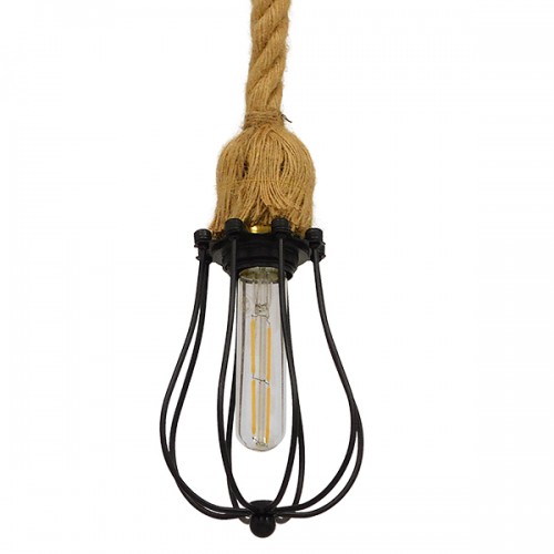 GloboStar® CAMBER 01594 Vintage Industrial Κρεμαστό Φωτιστικό Οροφής Μονόφωτο 1 x E27 Μαύρο Μεταλλικό Πλέγμα με Μπεζ Σχοινί Φ11 x Υ25cm Διακόσμηση - Φωτισμός - Χαλιά