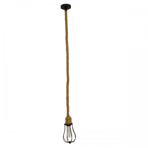 GloboStar® CAMBER 01594 Vintage Industrial Κρεμαστό Φωτιστικό Οροφής Μονόφωτο 1 x E27 Μαύρο Μεταλλικό Πλέγμα με Μπεζ Σχοινί Φ11 x Υ25cm Διακόσμηση - Φωτισμός - Χαλιά