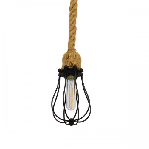 GloboStar® CAMBER 01594 Vintage Industrial Κρεμαστό Φωτιστικό Οροφής Μονόφωτο 1 x E27 Μαύρο Μεταλλικό Πλέγμα με Μπεζ Σχοινί Φ11 x Υ25cm Διακόσμηση - Φωτισμός - Χαλιά