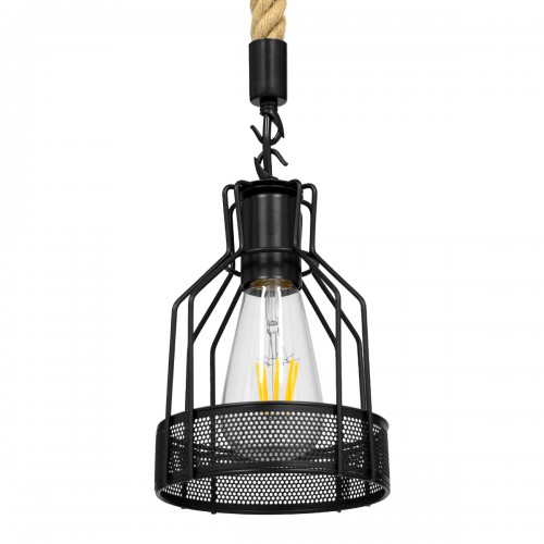 GloboStar® MASON 00881 Vintage Industrial Κρεμαστό Φωτιστικό Οροφής Μονόφωτο 1 x E27 Μαύρο με Μπεζ Σχοινί Φ15 x Y24cm Διακόσμηση - Φως - Χαλιά