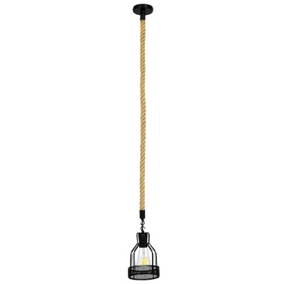 GloboStar® MASON 00881 Vintage Industrial Κρεμαστό Φωτιστικό Οροφής Μονόφωτο 1 x E27 Μαύρο με Μπεζ Σχοινί Φ15 x Y24cm Διακόσμηση - Φως - Χαλιά