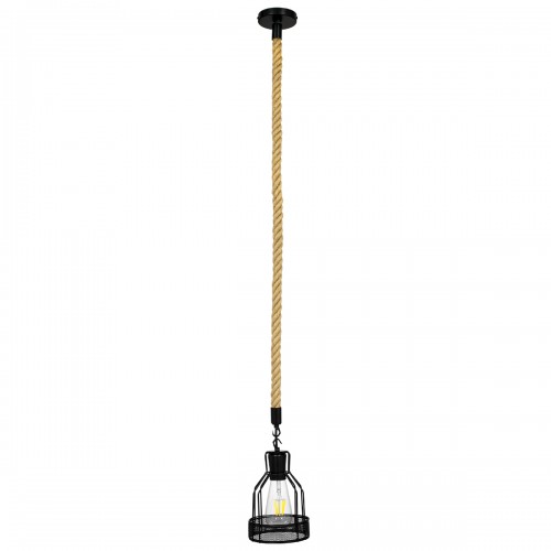 GloboStar® MASON 00881 Vintage Industrial Κρεμαστό Φωτιστικό Οροφής Μονόφωτο 1 x E27 Μαύρο με Μπεζ Σχοινί Φ15 x Y24cm Διακόσμηση - Φως - Χαλιά