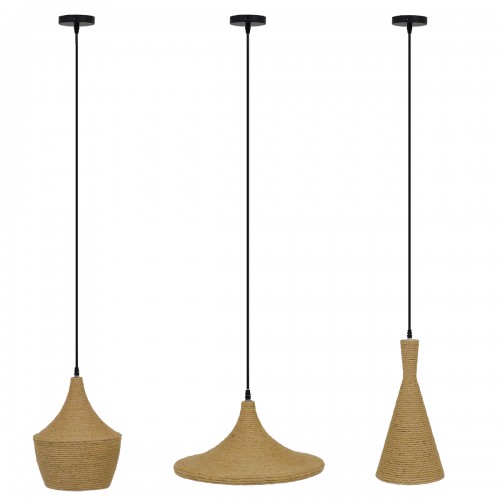 GloboStar® SHANGHAI ROPE 00875 SET 3 Μοντέρνα Κρεμαστά Φωτιστικά Οροφής Τρίφωτο 3 x E27 με Μπεζ Σχοινί Μεταλλικά Καμπάνα Διακόσμηση - Φως - Χαλιά