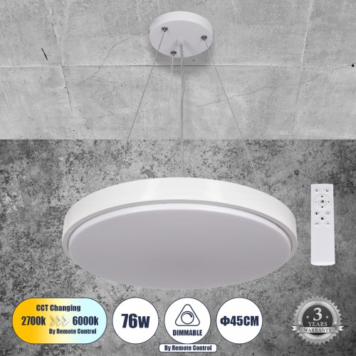 GloboStar® CASPER 61018 Κρεμαστή Πλαφονιέρα Οροφής LED CCT 76W 8372lm 120° AC 220-240V - Εναλλαγή Φωτισμού μέσω Τηλεχειριστηρίου All In One Ψυχρό Λευκό 6000k+Φυσικό Λευκό 4500k+Θερμό Λευκό 2700k Dimmable Φ45cm - Λευκό - 3 Years Warranty Διακόσμηση - Φως -