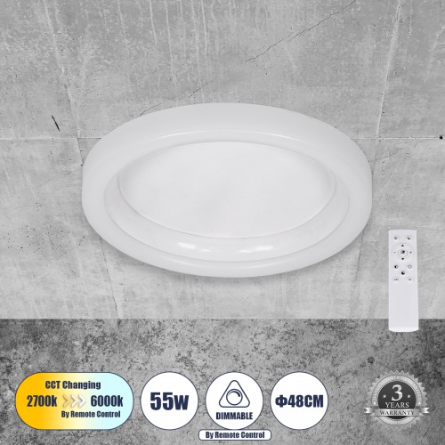 GloboStar® ARIANA 61035 Πλαφονιέρα Οροφής Κύκλος LED CCT 55W 6376lm 120° AC 220-240V - Εναλλαγή Φωτισμού μέσω Τηλεχειριστηρίου All In One Ψυχρό Λευκό 6000k+Φυσικό Λευκό 4500k+Θερμό Λευκό 2700k Dimmable Φ48cm - Λευκό - 3 Years Warranty Διακόσμηση - Φως - Χ
