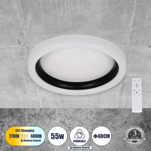 GloboStar® ARIANA 61034 Πλαφονιέρα Οροφής Κύκλος LED CCT 55W 6376lm 120° AC 220-240V - Εναλλαγή Φωτισμού μέσω Τηλεχειριστηρίου All In One Ψυχρό Λευκό 6000k+Φυσικό Λευκό 4500k+Θερμό Λευκό 2700k Dimmable Φ48cm - Μαύρο - 3 Years Warranty Διακόσμηση - Φως - Χ