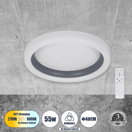 GloboStar® ARIANA 61036 Πλαφονιέρα Οροφής Κύκλος LED CCT 55W 6376lm 120° AC 220-240V - Εναλλαγή Φωτισμού μέσω Τηλεχειριστηρίου All In One Ψυχρό Λευκό 6000k+Φυσικό Λευκό 4500k+Θερμό Λευκό 2700k Dimmable Φ48cm - Ανθρακί - 3 Years Warranty Διακόσμηση - Φως -