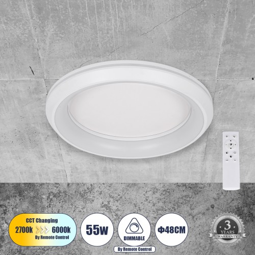 GloboStar® MELINA 61041 Πλαφονιέρα Οροφής Κύκλος LED CCT 55W 6376lm 120° AC 220-240V - Εναλλαγή Φωτισμού μέσω Τηλεχειριστηρίου All In One Ψυχρό Λευκό 6000k+Φυσικό Λευκό 4500k+Θερμό Λευκό 2700k Dimmable Φ48cm - Λευκό - 3 Years Warranty Διακόσμηση - Φως - Χ