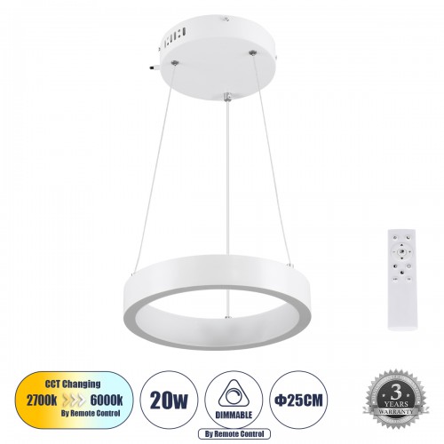 GloboStar® NEMESIS 61153 Κρεμαστό Φωτιστικό Δαχτυλίδι-Κύκλος LED CCT 20W 2356lm 360° AC 220-240V - Εναλλαγή Φωτισμού μέσω Τηλεχειριστηρίου All In One Ψυχρό 6000k+Φυσικό 4500k+Θερμό 2700k Dimmable Φ25cm - Λευκό - 3 Years Warranty Διακόσμηση - Φως - Χαλιά