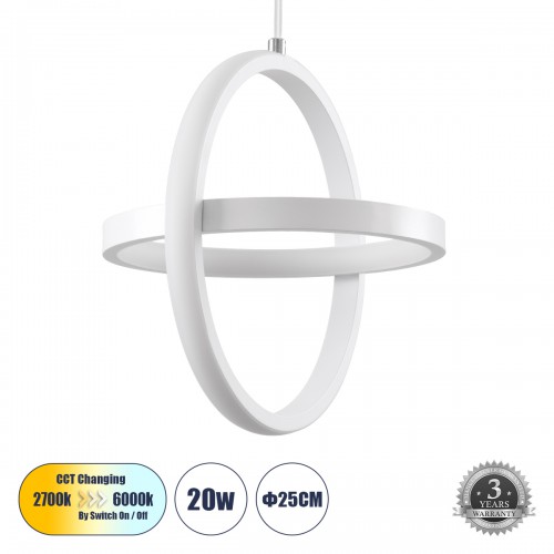 GloboStar® ALICE 61056 Κρεμαστό Φωτιστικό Οροφής Design LED CCT 20W 2400lm 300° AC 220-240V - Εναλλαγή Φωτισμού μέσω Διακόπτη On/Off All In One Ψυχρό 6000k+Φυσικό 4500k+Θερμό 2700k Μ25 x Π22 x Υ25cm - Λευκό Διακόσμηση - Φως - Χαλιά