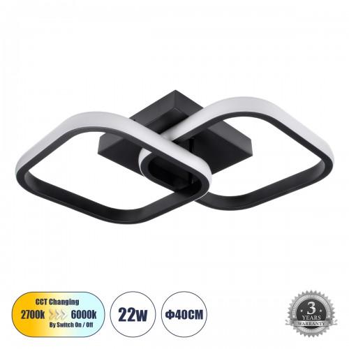 GloboStar® NORA 61061 Φωτιστικό Οροφής Design LED CCT 22W 2640lm 300° AC 220-240V - Εναλλαγή Φωτισμού μέσω Διακόπτη On/Off All In One Ψυχρό 6000k+Φυσικό 4500k+Θερμό 2700k Μ40 x Π24 x Υ7cm - Μαύρο Διακόσμηση - Φως - Χαλιά