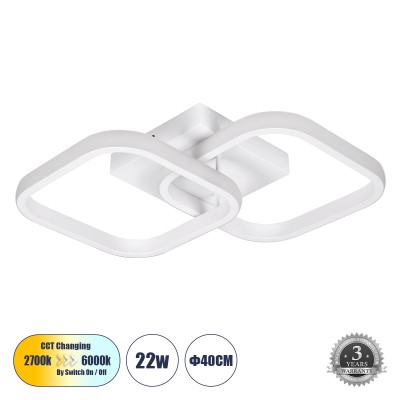 GLOBOSTAR® NORA 61062 Μοντέρνο Φωτιστικό Οροφής LED 22W 2640lm 300° AC 220-240V IP20 Ρυθμιζόμενο Λευκό CCT με On/Off 2700K/4500K/6000K - Lumileds SMD Chip - Λευκό Ματ - Μ40 x Π24 x Υ7cm - 3 Χρόνια Εγγύηση