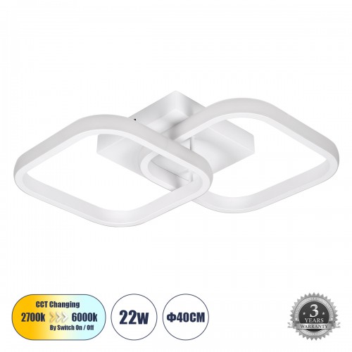 GloboStar® NORA 61062 Φωτιστικό Οροφής Design LED CCT 22W 2640lm 300° AC 220-240V - Εναλλαγή Φωτισμού μέσω Διακόπτη On/Off All In One Ψυχρό 6000k+Φυσικό 4500k+Θερμό 2700k Μ40 x Π24 x Υ7cm - Λευκό Διακόσμηση - Φως - Χαλιά