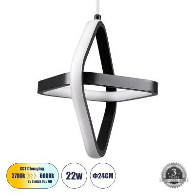 GLOBOSTAR® ROSE 61064 Μοντέρνο Κρεμαστό Φωτιστικό Οροφής LED 22W 2640lm 300° AC 220-240V IP20 Ρυθμιζόμενο Λευκό CCT με On/Off 2700K/4500K/6000K - Lumileds SMD Chip - Μαύρο Ματ - Μ24 x Π22 x Υ24cm - 3 Χρόνια Εγγύηση