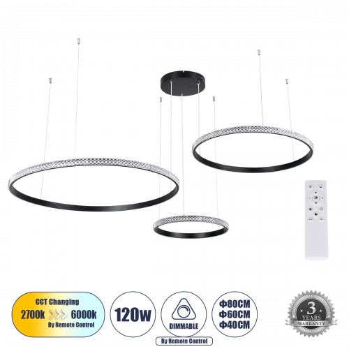GloboStar® DIAMOND TRIO 61144 Κρεμαστό Φωτιστικό Δαχτυλίδι-Κύκλος LED CCT 120W 14723lm 360° AC 220-240V - Εναλλαγή Φωτισμού μέσω Τηλεχειριστηρίου All In One Ψυχρό 6000k+Φυσικό 4500k+Θερμό 2700k Dimmable Φ40+60+80cm - Μαύρο - 3 Years Warranty Διακόσμηση - GloboStar® DIAMOND TRIO 61144 Κρεμαστό Φωτιστικό Δαχτυλίδι-Κύκλος LED CCT 120W 14723lm 360° AC 220-240V - Εναλλαγή Φωτισμού μέσω Τηλεχειριστηρίου All In One Ψυχρό 6000k+Φυσικό 4500k+Θερμό 2700k Dimmable Φ40+60+80cm - Μαύρο - 3 Years Warranty Διακόσμηση -